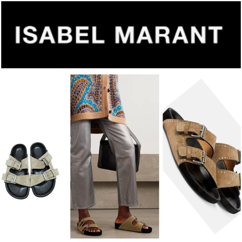 Isabel Marant Suede Studded Slide Sandals Double Buckle Taupe EU 36 - Picture 12 of 15
